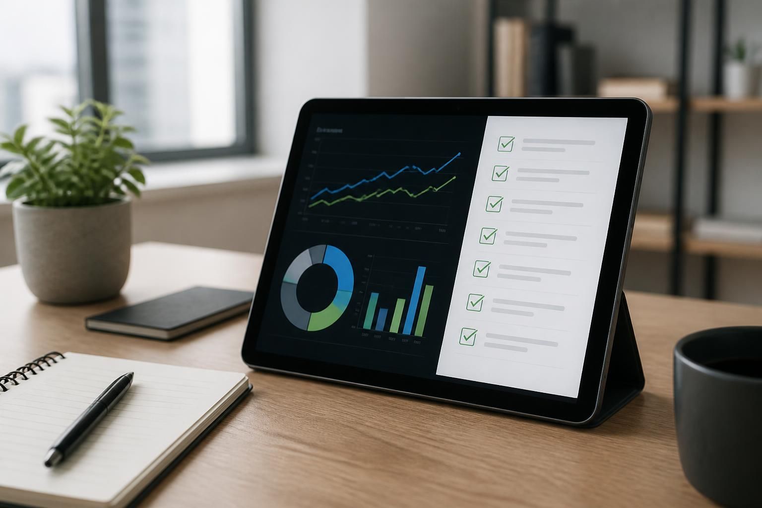 Tablet with abstract marketing charts and a structured audit checklist.