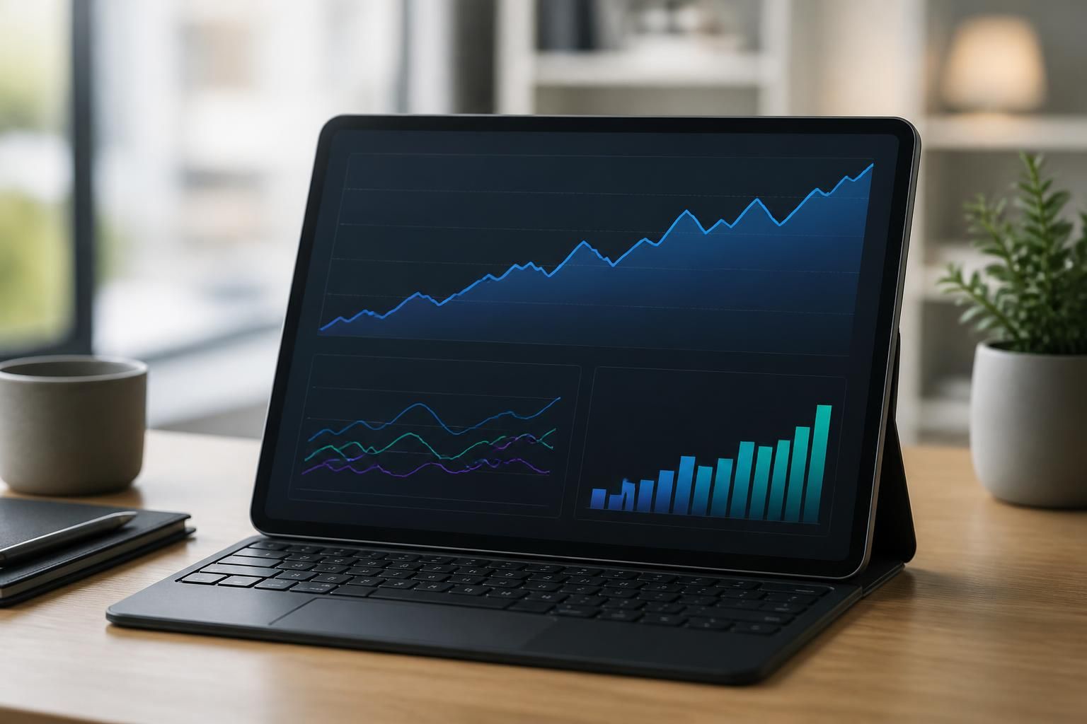 Tablet displaying abstract visibility trend graphs in a modern office.