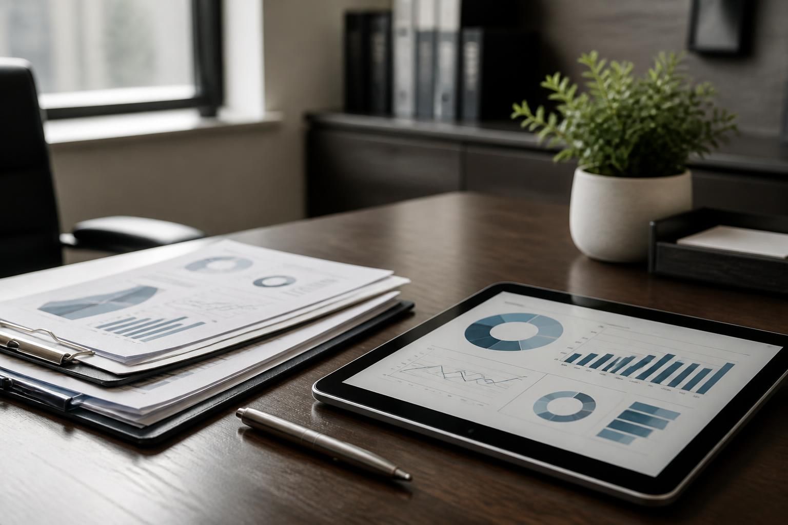 Organized analytics reports with abstract charts on a clean desk.