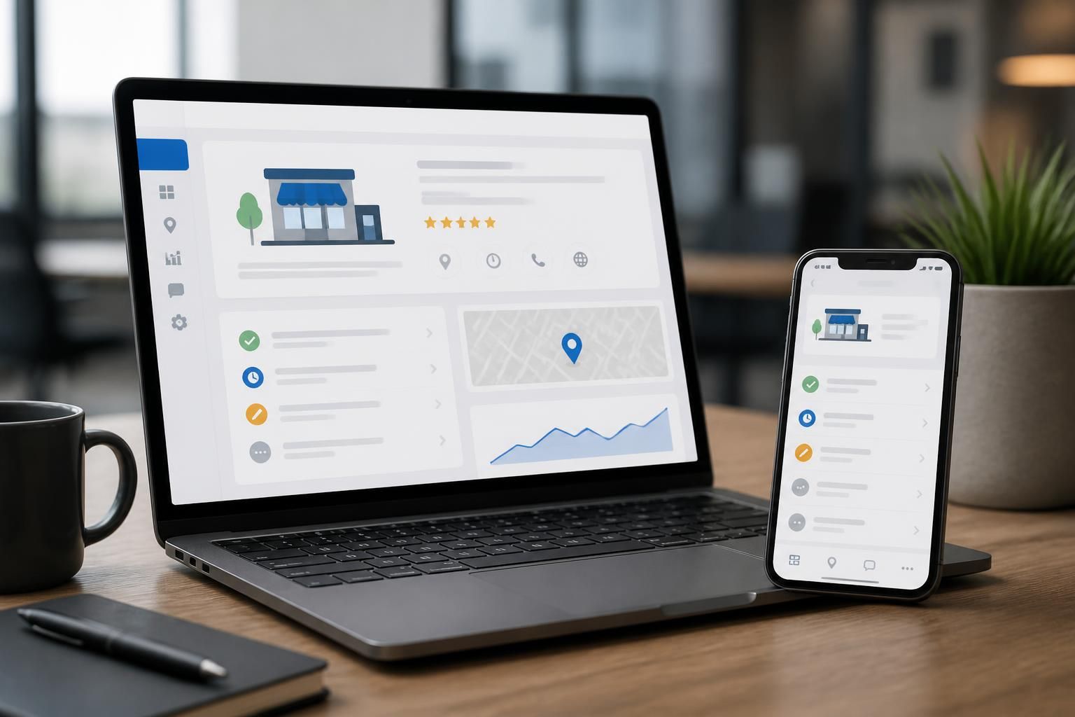 Laptop and smartphone with local business profile management visuals.