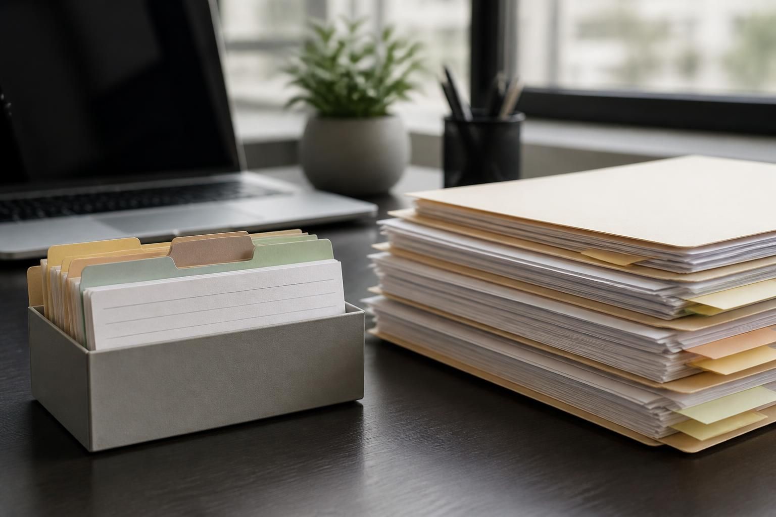 Laptop beside neatly organized listing records and directory cards.