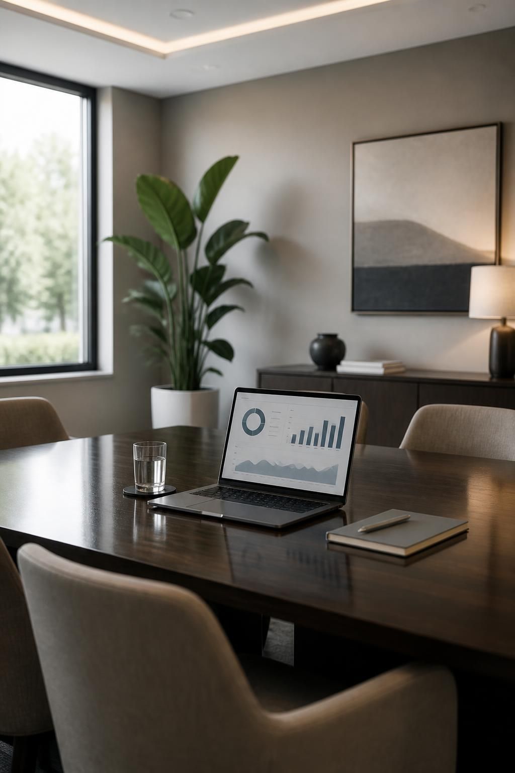 Modern consultation room with laptop analytics and clean professional decor.