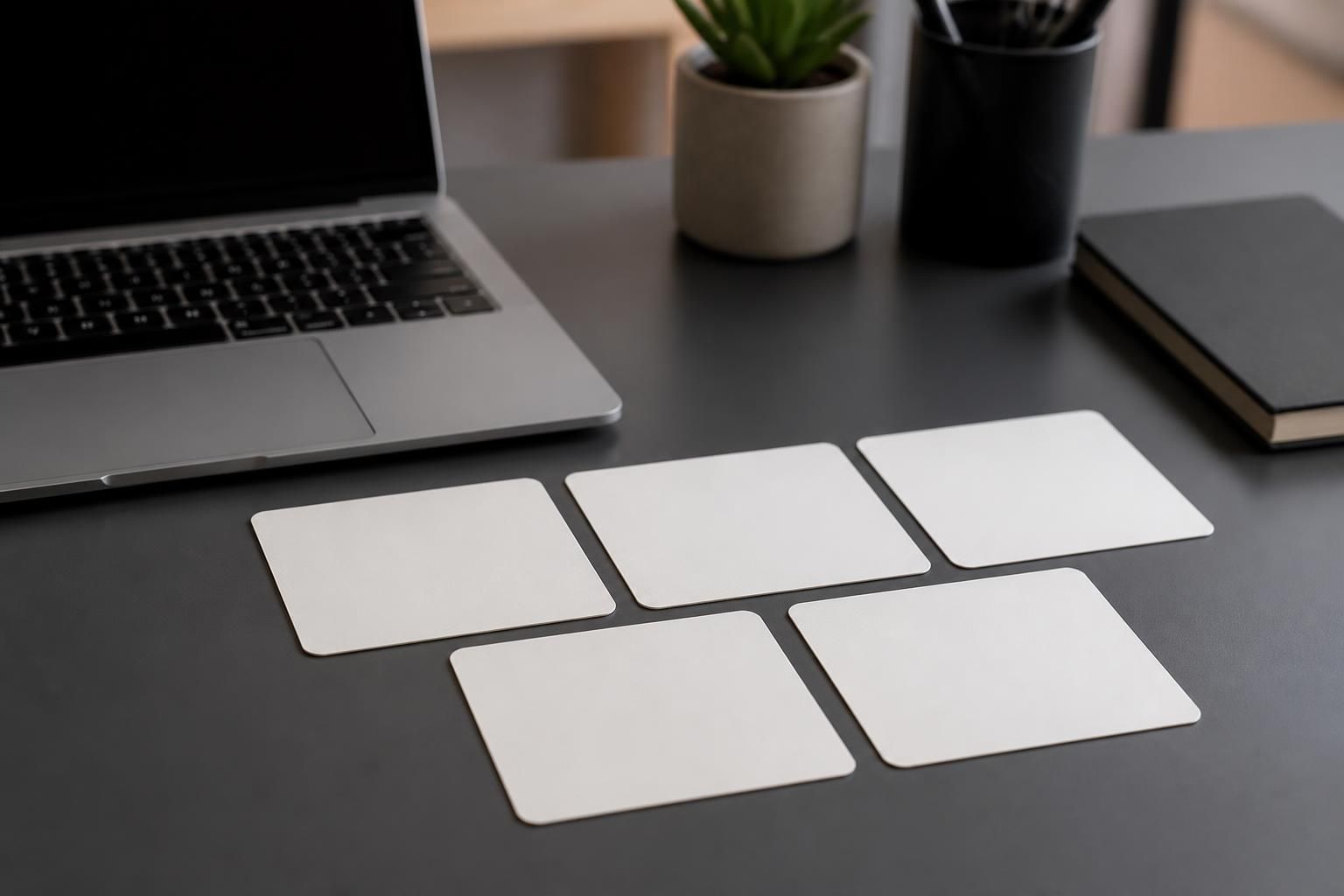Five minimalist prompt cards arranged neatly beside a laptop.