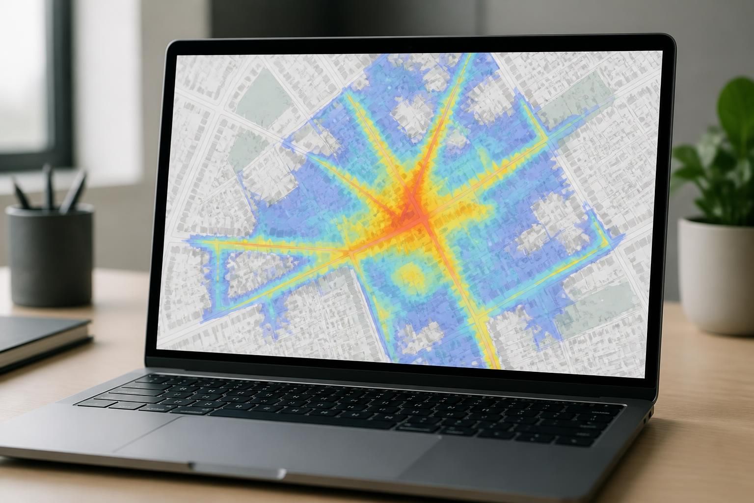 Laptop showing an abstract heat map visibility overlay on a map.