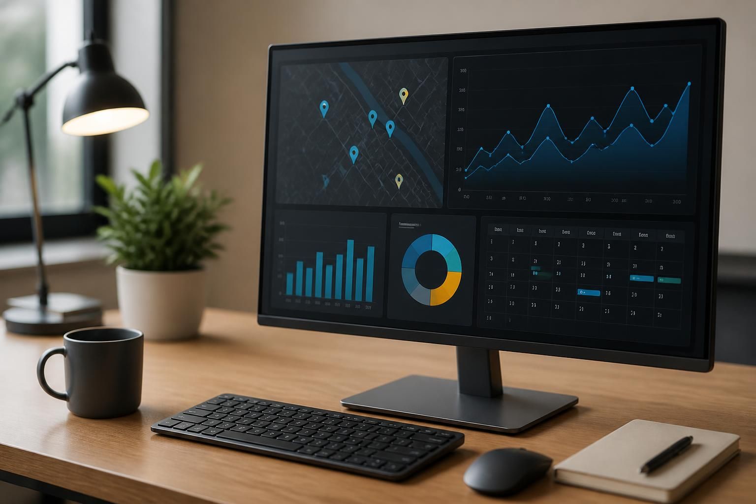 Workstation with abstract location trend charts and calendar planning.