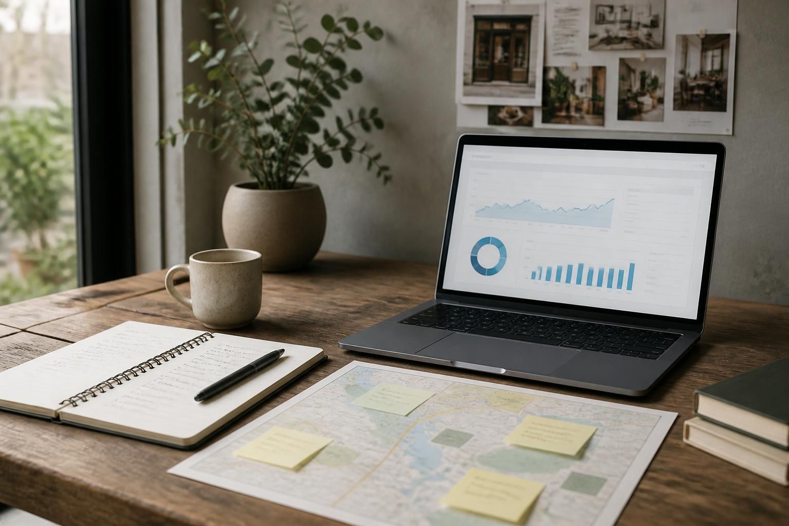 Modern workspace with analytics dashboard and local marketing planning materials.