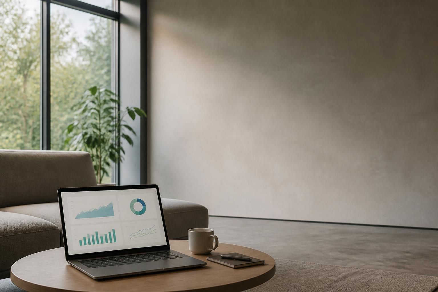 Modern office lounge with open space and laptop analytics.