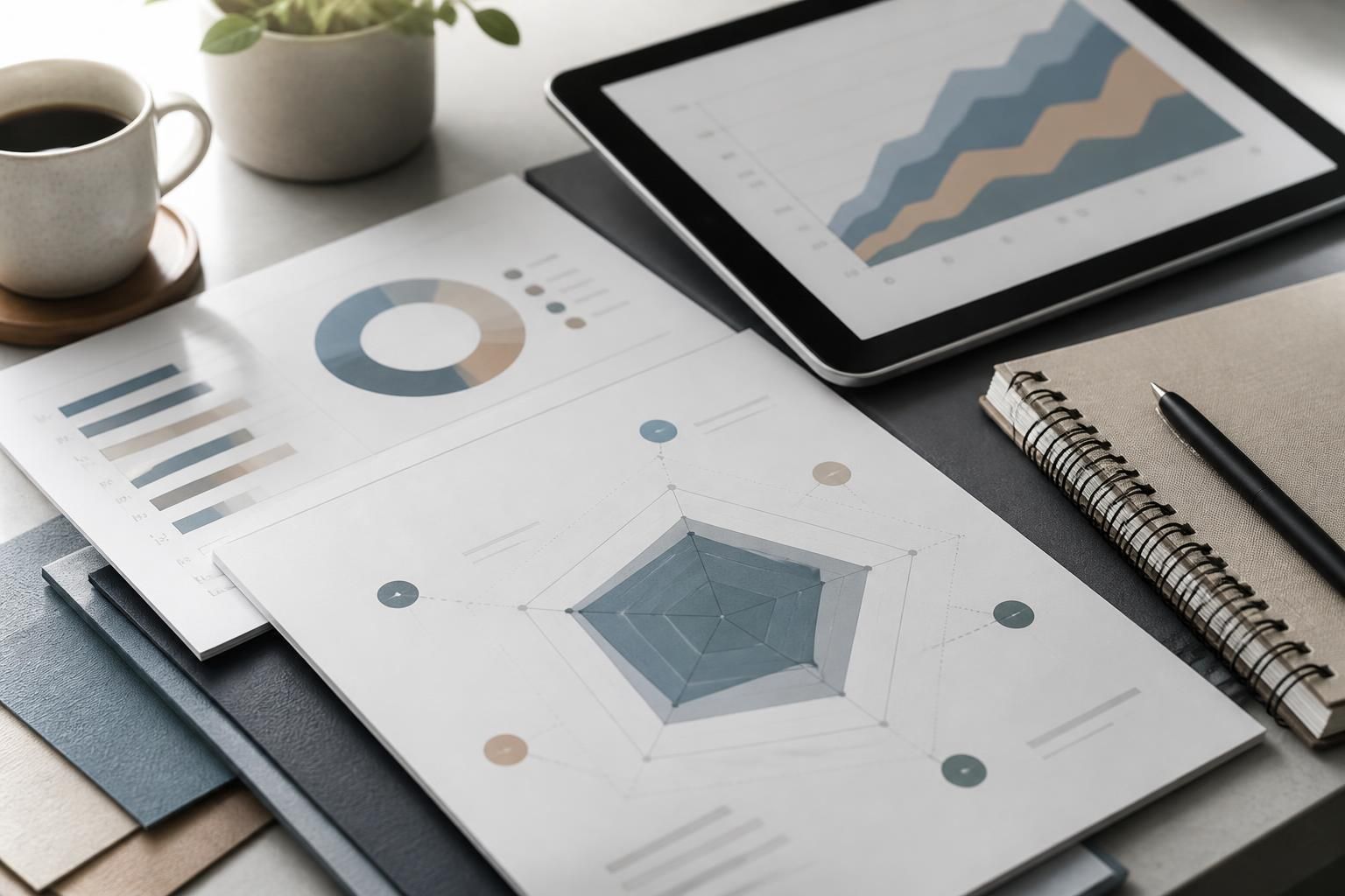 Clean workspace with tablet and abstract brand perception charts.