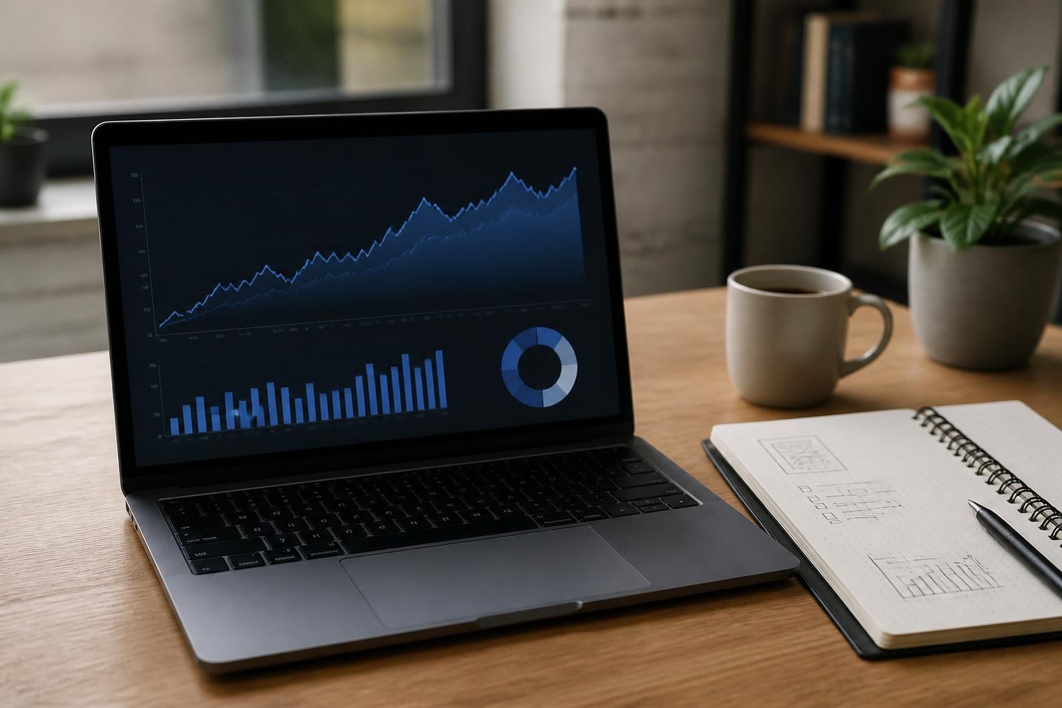 Laptop with abstract search visibility graphs in a clean workspace.