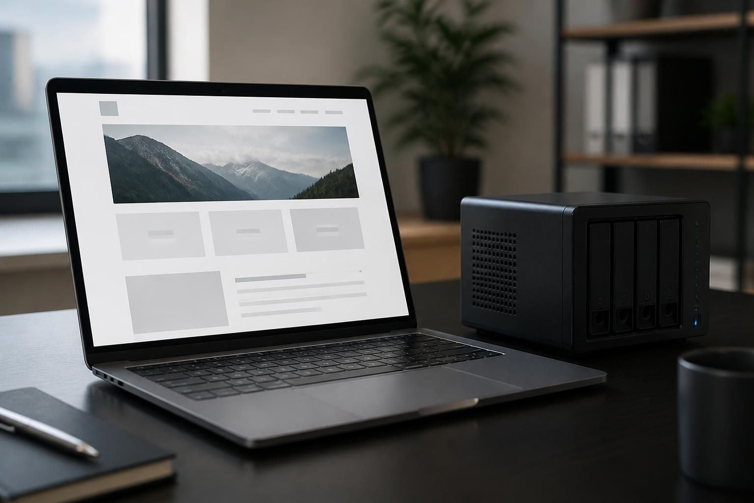 Laptop with a clean website layout mockup in a modern office.